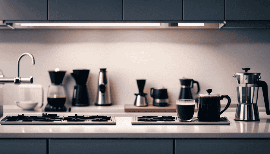 An image showcasing a sleek, modern kitchen countertop adorned with a variety of coffee brewing equipment, including a vibrant espresso machine, a pour-over set, a French press, and an assortment of coffee beans, capturing the essence of the diverse and exciting world of coffee makers