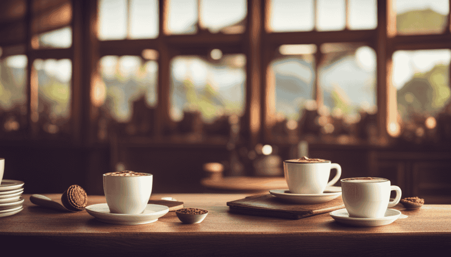 An image of a cozy coffee shop scene, featuring a rustic wooden table adorned with an array of uniquely designed coffee mugs, each filled with steaming cups of richly colored and aromatic flavoured coffees