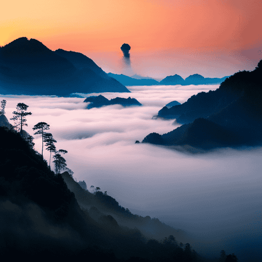 An image capturing the ethereal beauty of Yunnan's mist-covered mountains, adorned with vibrant tea plantations painted in shades of emerald and jade