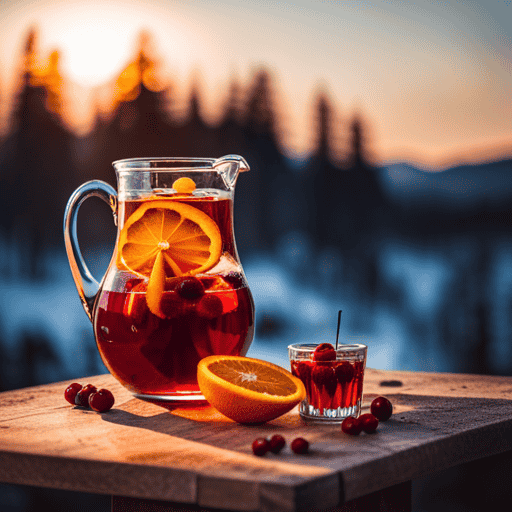 An image showcasing a glass pitcher filled with vibrant orange cranberry sangria