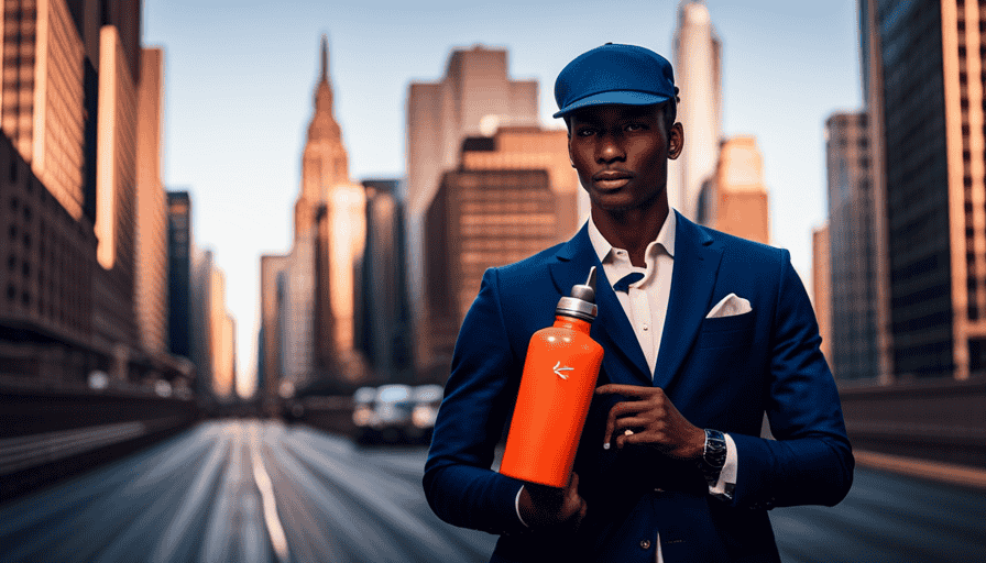 An image showcasing a stylish individual effortlessly carrying a Hydro Flask wide-mouth bottle, perfectly contrasting the vibrant colors of the bottle against an urban backdrop, symbolizing fashion-forward functionality