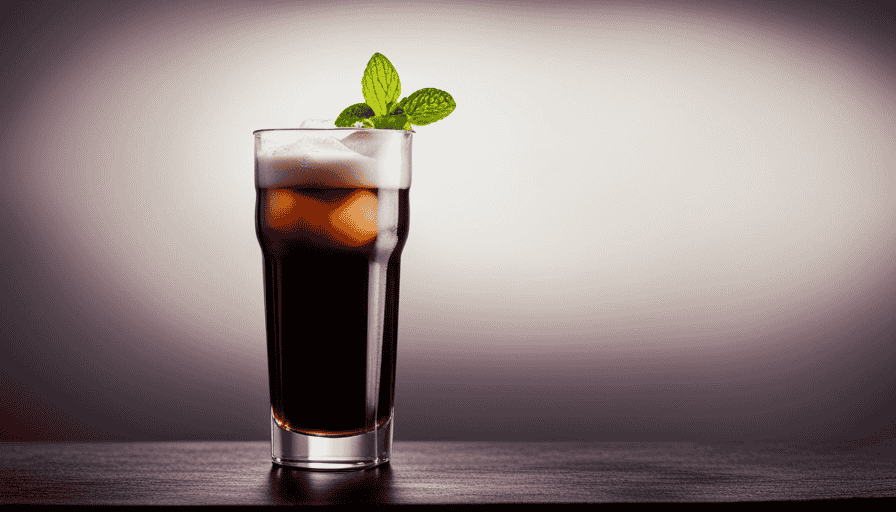 An image showcasing a tall, frosty glass filled with a rich, creamy Fat Americano - a perfect blend of velvety espresso and fizzy Coke, garnished with a slice of zesty lemon and a sprig of fresh mint