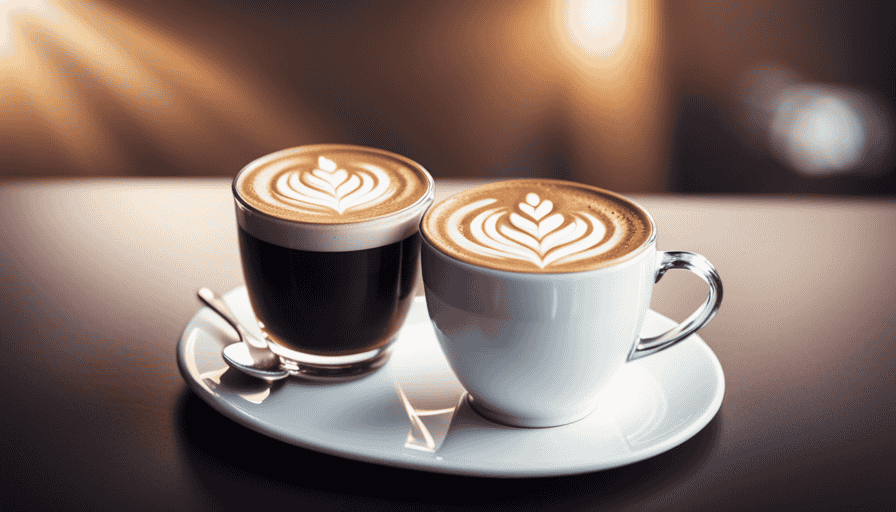 An image showcasing two impeccably crafted espresso-based drinks side by side: a velvety, milky flat white with delicate latte art contrasting with a rich, foamy latte topped with a sprinkle of cocoa