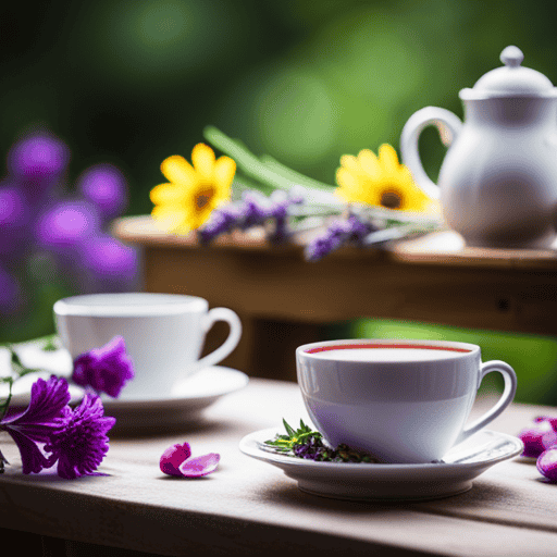 An image showcasing a rustic wooden table adorned with vibrant teacups brimming with aromatic homemade herbal teas, infused with luscious ingredients like lavender, chamomile, mint, and rose petals, evoking a sense of tranquility and well-being