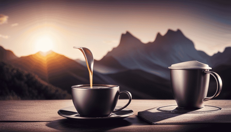 An image showcasing Flexbrew's sleek, stainless steel design with a split shot of aromatic espresso pouring into a small cup on one side, and a generous stream of hot, golden coffee filling a large mug on the other