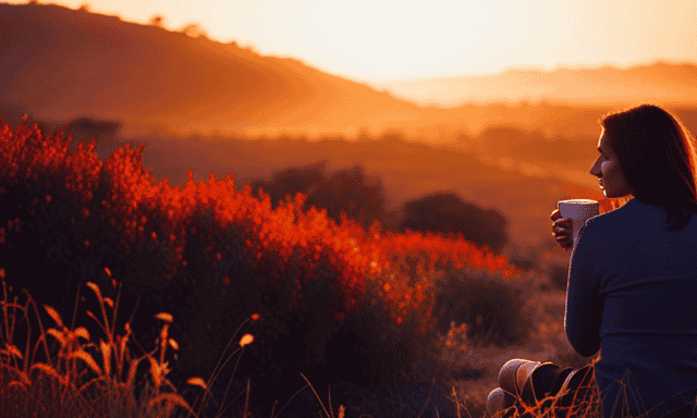An image showcasing a serene scene with a person leisurely sipping a steaming cup of rooibos tea, surrounded by vibrant red bushes of the Rooibos plant, as the golden sunset bathes the landscape in a warm glow