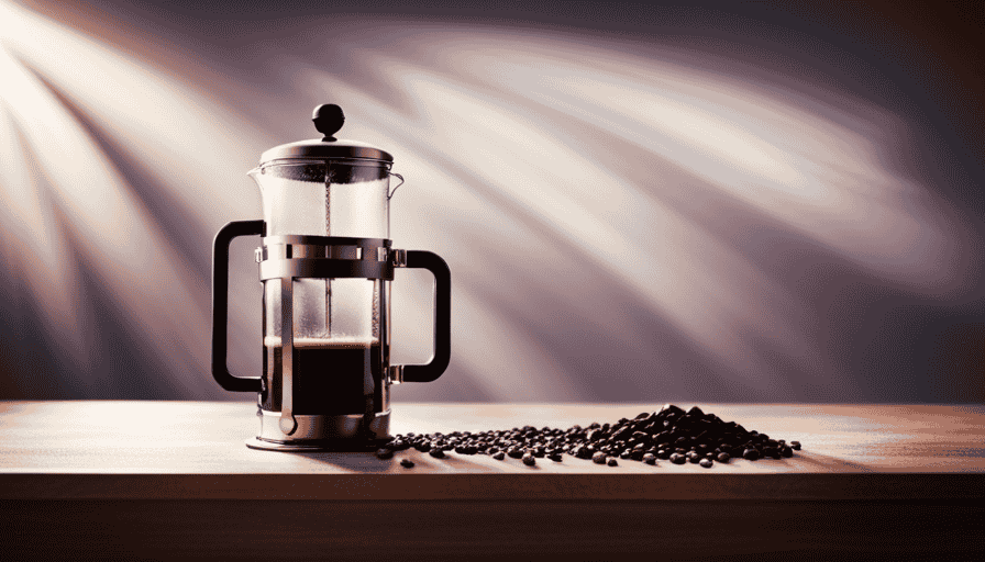 An image capturing the ethereal ballet of a French Press: a glistening, copper-plated vessel, filled with coarse, freshly ground coffee beans, immersed in hot water, as steam gracefully rises, releasing the essence of a rich and aromatic brew