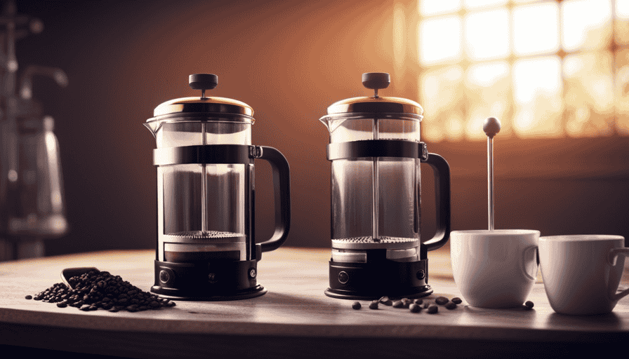 An image showcasing a French press and a drip coffee maker side by side