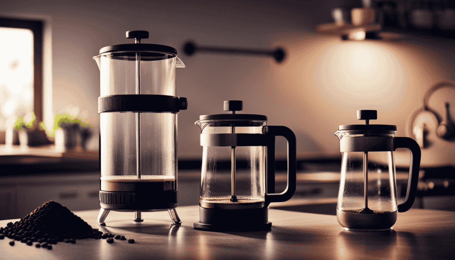 An image showcasing two contrasting coffee brewing methods side by side: a sleek French press with a plunger, immersed in rich and aromatic coffee grounds, contrasting with a modern drip coffee maker gently streaming a golden, flavorful brew into a glass carafe