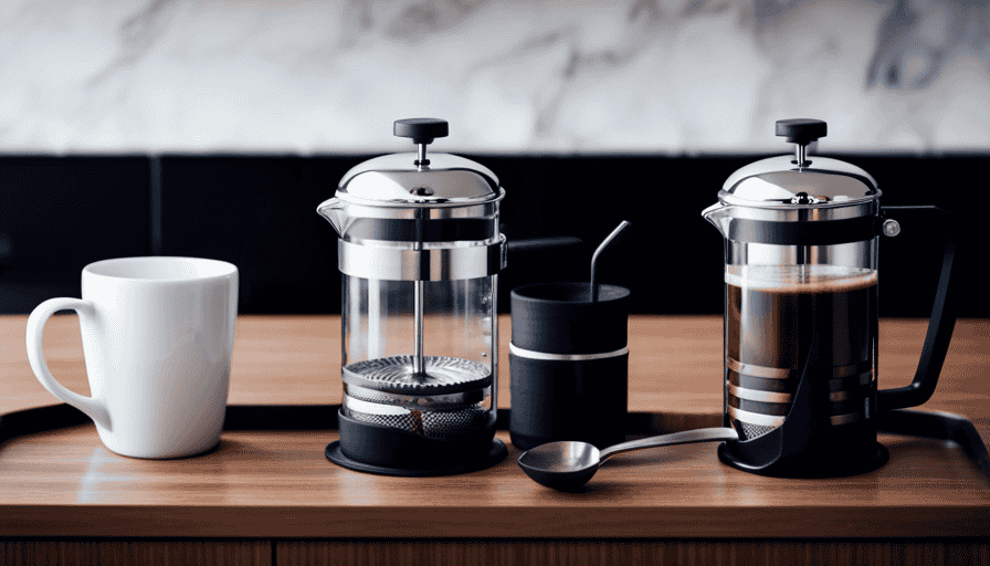An image showcasing a sleek, stainless steel French press alongside a delicate, ceramic pour-over set