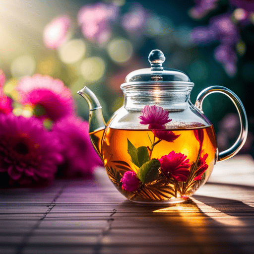 An image showcasing a clear glass teapot filled with steaming water, surrounded by vibrant blooming tea flowers, delicately unfurling their colorful petals, as sunlight filters through the translucent liquid, illuminating the scene