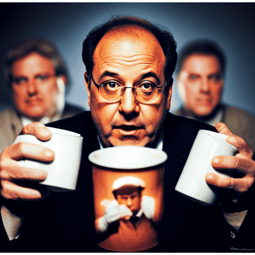 An image that showcases George Costanza's perplexed expression while holding a steaming cup of Postum, surrounded by a sea of discarded coffee mugs