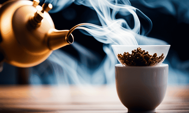 An image capturing the serene moment of a steaming teapot pouring golden Ginseng Oolong Tea into a delicate porcelain cup, capturing the swirling wisps of fragrant steam as they dance in the air