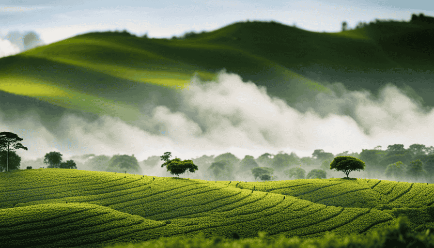 An image showcasing a bustling coffee plantation, with rows of lush, green coffee trees stretching into the horizon