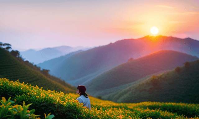 An image featuring a mesmerizing tea field under a radiant sunset, showcasing abundant lush green tea bushes, while a skilled tea picker gently plucks golden-hued tea leaves, inviting readers to ponder the mystery behind Golden Pak Oolong Tea's affordable price