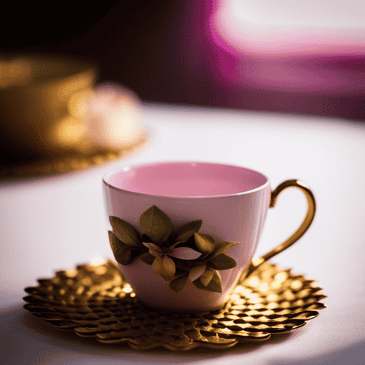 An image that showcases a teacup filled with a vibrant, golden-hued blend of golden seal and passion flower tea, surrounded by delicate pink passion flowers and golden seal leaves, exuding a soothing and calming aura