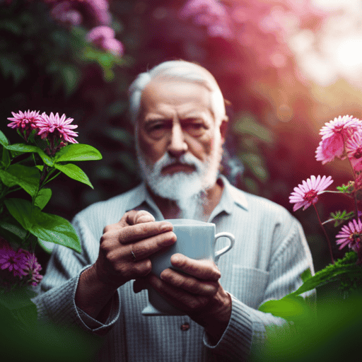 An image capturing a person holding a steaming cup of aromatic herbal tea, surrounded by vibrant, blooming herbs