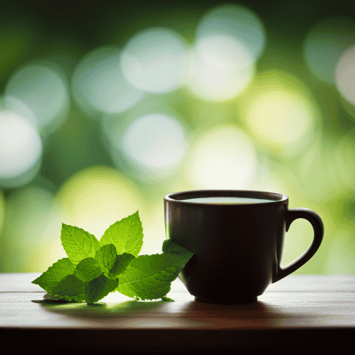 An image showcasing a vibrant cup of green herbal tea brewed to perfection, adorned with fresh mint leaves and slices of cucumber