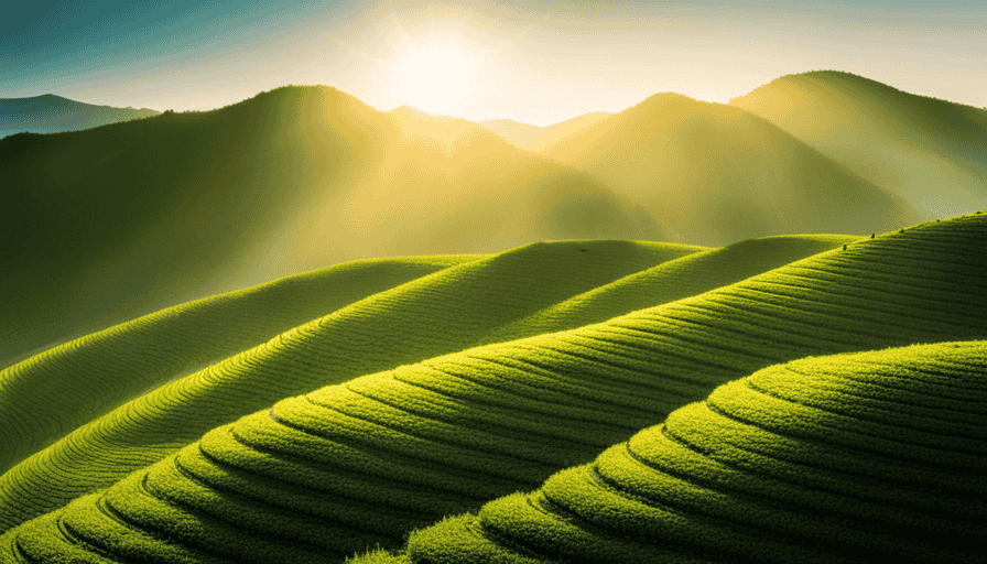 An image capturing a lush, vibrant mountain landscape, bathed in soft morning sunlight, where coffee beans of different shades of green intertwine with vines, showcasing the harmonious blend of sustainability and diversity in Green Mountain Coffee