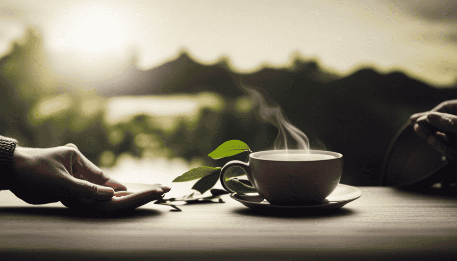 An image showcasing two hands, one holding a vibrant green tea cup filled with delicate leaves, while the other grips a steaming coffee mug emanating rich aroma