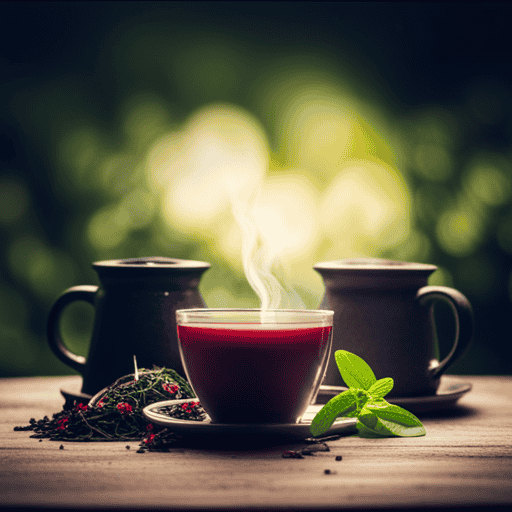 An image showcasing two steaming mugs of tea side by side, one filled with vibrant green tea leaves, the other with a blend of various herbs and flowers