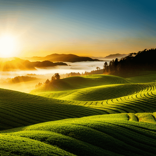 An image showcasing the lush landscape of a Canadian tea plantation, with rows of vibrant tea bushes stretching towards the horizon