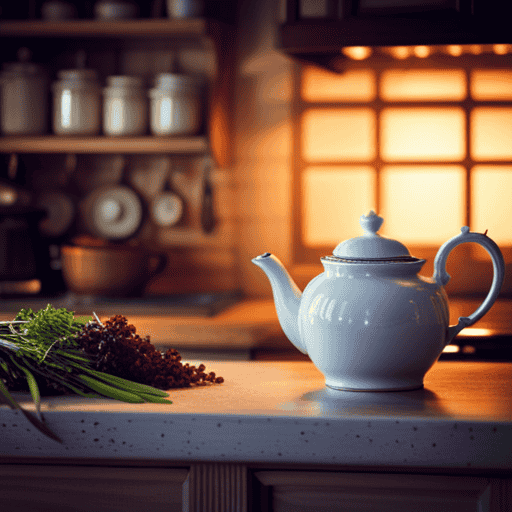 An image capturing the serene charm of Harvest Moon: Animal Parade, featuring a rustic farmhouse kitchen adorned with shelves overflowing with fragrant herbs, as a warm cup of herbal tea steeps gently on a vintage teapot