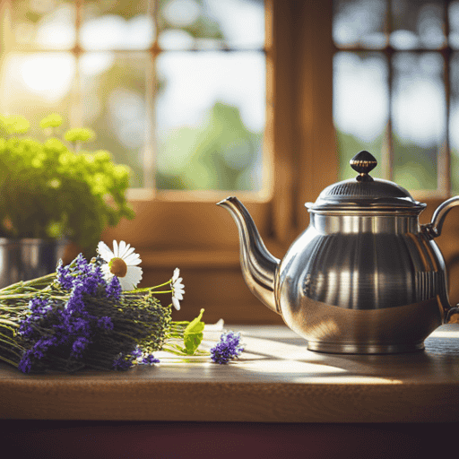 An image showcasing a serene, sunlit kitchen with a vintage teapot atop a rustic wooden table