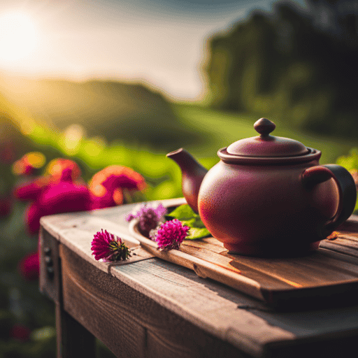 An image that showcases a serene scene of a warm cup of Healing Tea Herbal, surrounded by an assortment of vibrant, aromatic herbs and flowers, beautifully steeping in a rustic teapot