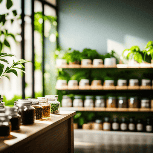 An image showcasing a serene health store, featuring shelves stocked with vibrant jars of organic herbs, including Passion Flower Tea, surrounded by lush green plants and natural light filtering in through large windows