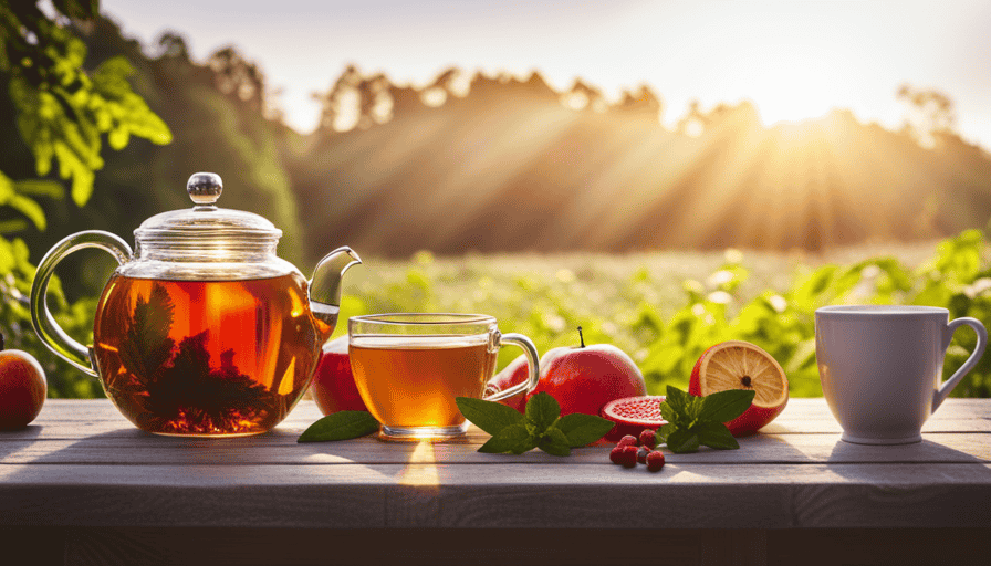 An image showcasing a serene, morning scene with a steaming cup of herbal tea, surrounded by vibrant, freshly-picked fruits and a jar of natural honey, evoking a sense of freshness, vitality, and a healthy alternative to coffee