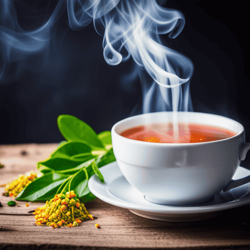 An image featuring a vibrant cup of Herbal Cup Ashwagandha Moringa Tea, steam rising from it