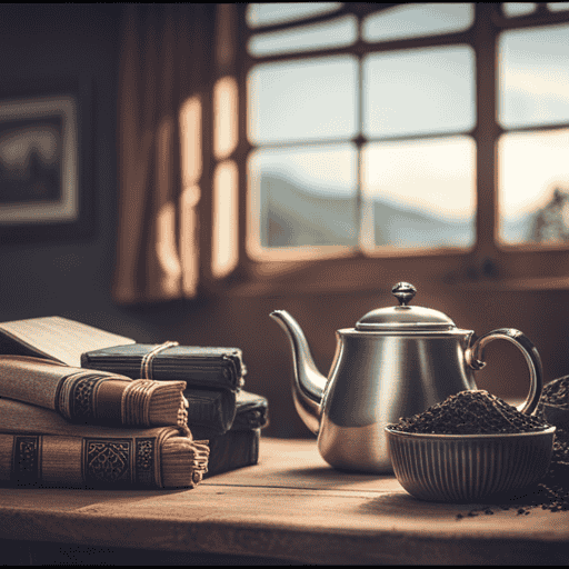 An image showcasing a cozy kitchen scene, with a rustic wooden table adorned with a vintage teapot, a bundle of fresh thyme, and a charming display of various tea packages available for purchase in the background