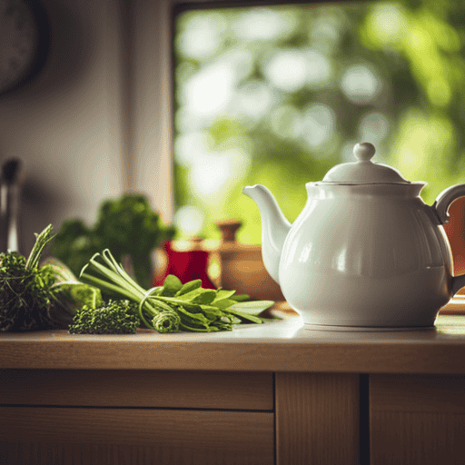 An image showcasing a serene, sunlit kitchen counter adorned with a steaming cup of herbal slimming tea, surrounded by a collection of fresh, fragrant herbs and a delicate teapot