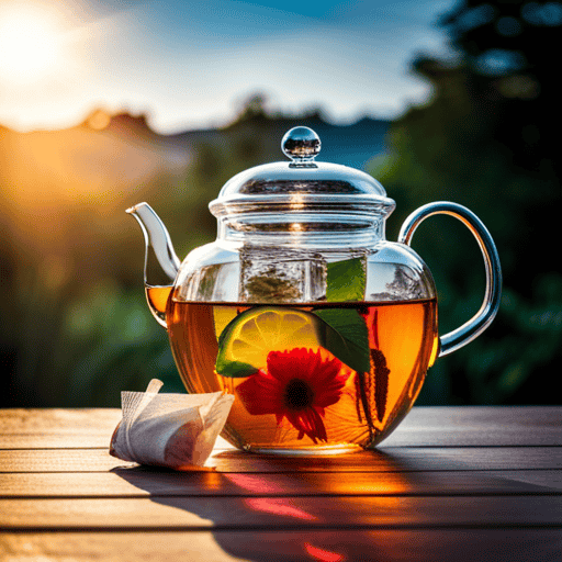 An image that showcases a clear glass teapot filled with steaming water, while a delicate herbal tea bag gently floats in the middle, infusing its vibrant colors and soothing aroma into the water