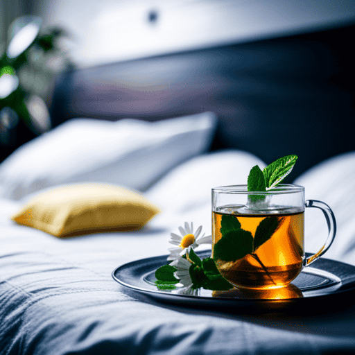 An image of a serene bedroom at night, with a cozy bed adorned with herbal tea ingredients like chamomile, mint leaves, and lemon slices, gently infusing in a steaming cup, emitting a soothing aroma
