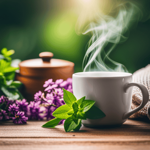 An image depicting a cozy scene: a steaming cup of herbal tea in a ceramic mug, surrounded by vibrant green herbs and flowers, with a warm blanket draped nearby