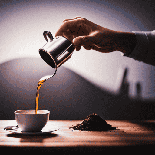 An image showcasing a hands-on demonstration of measuring herbal tea, as delicate tealeaves gracefully pour from a vintage silver teaspoon into a vibrant ceramic teacup, capturing the essence of precise and enjoyable tea brewing