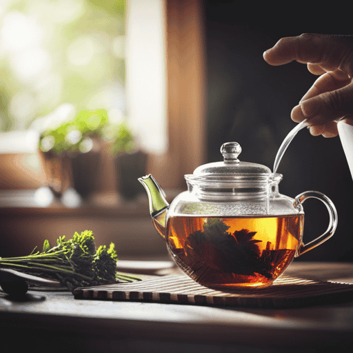 An image showcasing a serene, sunlit kitchen with a glass teapot pouring steaming herbal tea into a delicate porcelain cup