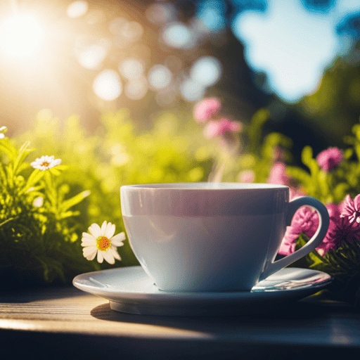 An image showcasing a serene, sunlit garden with a blossoming teacup surrounded by a variety of vibrant and aromatic herbs