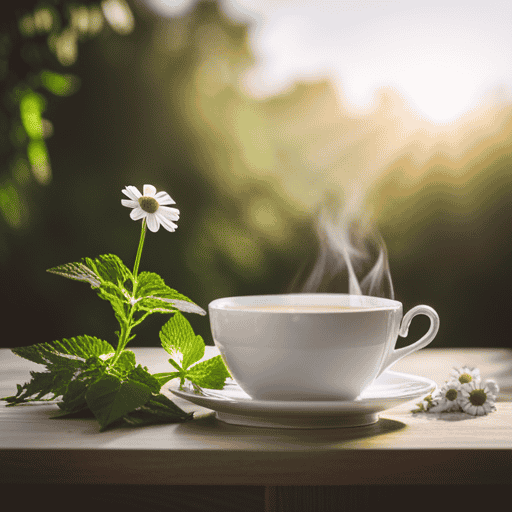 An image showcasing an elegant, blossoming chamomile plant with delicate white flowers, surrounded by a variety of soothing herbs like peppermint, ginger, and raspberry leaf, emphasizing the safety and benefits of herbal tea during pregnancy