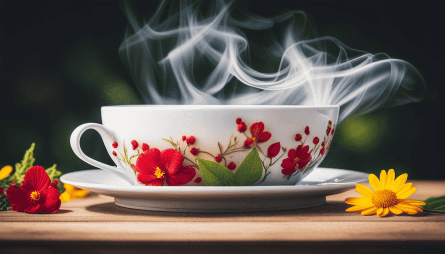 An image that showcases a delicate teacup, filled with steaming herbal tea
