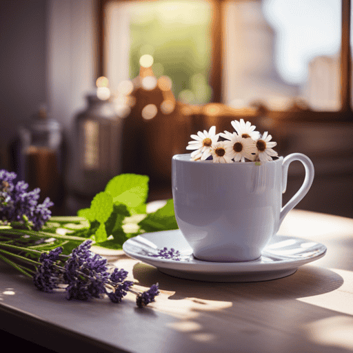 An image of a serene, sunlit kitchen with a delicate porcelain teacup filled with fragrant chamomile tea, surrounded by vibrant sprigs of mint, ginger slices, and soothing lavender blossoms, perfect for a pregnant woman's calm and nourishment