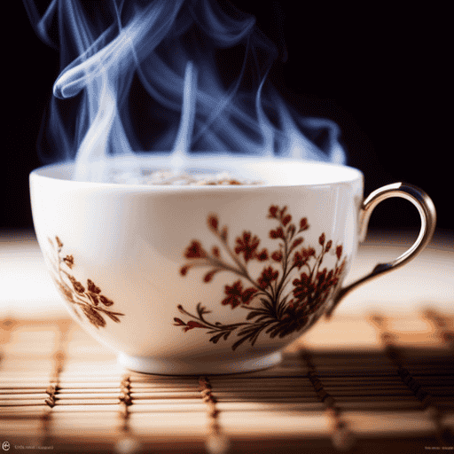 An image featuring a delicate porcelain teacup filled with steaming herbal infusion, swirling tendrils of aromatic vapor rising gracefully