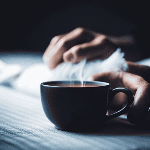 E image of a hand delicately holding a warm cup of herbal tea, steam rising gently, against a backdrop of a simple white tablecloth and a faint glimpse of a medical bandage wrapped around a forearm