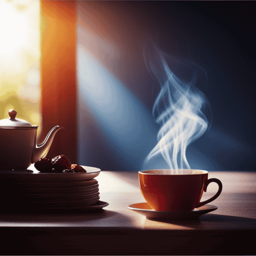 An image showcasing a serene morning scene with a steaming cup of aromatic herbal tea beside a plate of dates, casting a soft glow as sunlight filters through a window, highlighting the tranquility of fasting