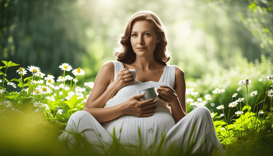 An image of a serene pregnant woman cradling a warm mug of herbal tea, surrounded by a lush garden bursting with nourishing plants like chamomile, ginger, and raspberry leaf, evoking a sense of natural wellness and tranquility