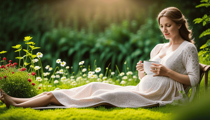 An image of a serene pregnant woman cradling a warm mug of herbal tea, surrounded by a lush garden bursting with nourishing plants like chamomile, ginger, and raspberry leaf, evoking a sense of natural wellness and tranquility