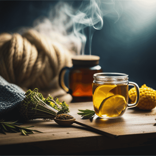 An image capturing the soothing essence of herbal tea when battling a cold: A steaming cup sits on a cozy, knitted blanket beside a stack of aromatic herbs, fresh lemon slices, and a jar of honey
