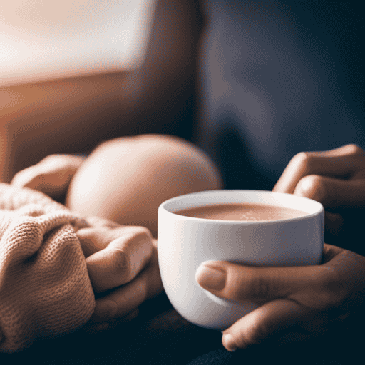 E image of a mother sitting comfortably in a cozy armchair, cradling her baby, while a steaming cup of herbal tea made with fresh chamomile and fennel sits on a side table, exuding a warm and soothing aroma